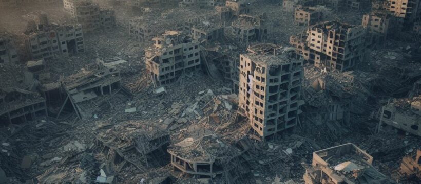 AI generated aerial photo of a city in the Gaza Strip leveled by Israeli bombing attacks.