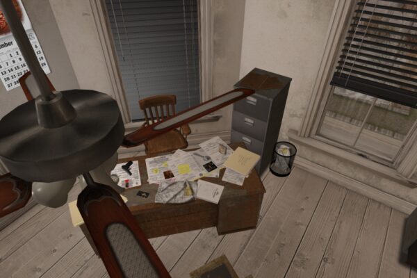 Bird's eye view of the interior of a classic noir detectives office